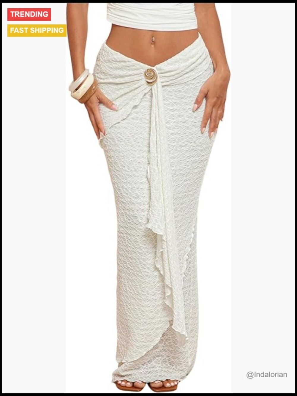 Textured Ruched Ruffle Trim Bodycon Maxi Skirt Boho Asymmetrical Layered Low